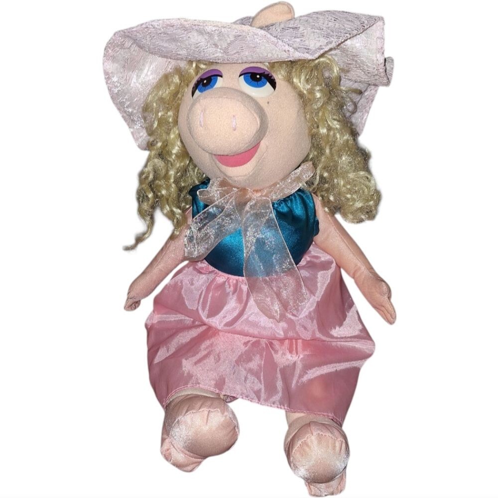 Vintage Miss Piggy Jim Henson's Toy Plush Pink Dress Rose Sun Hat